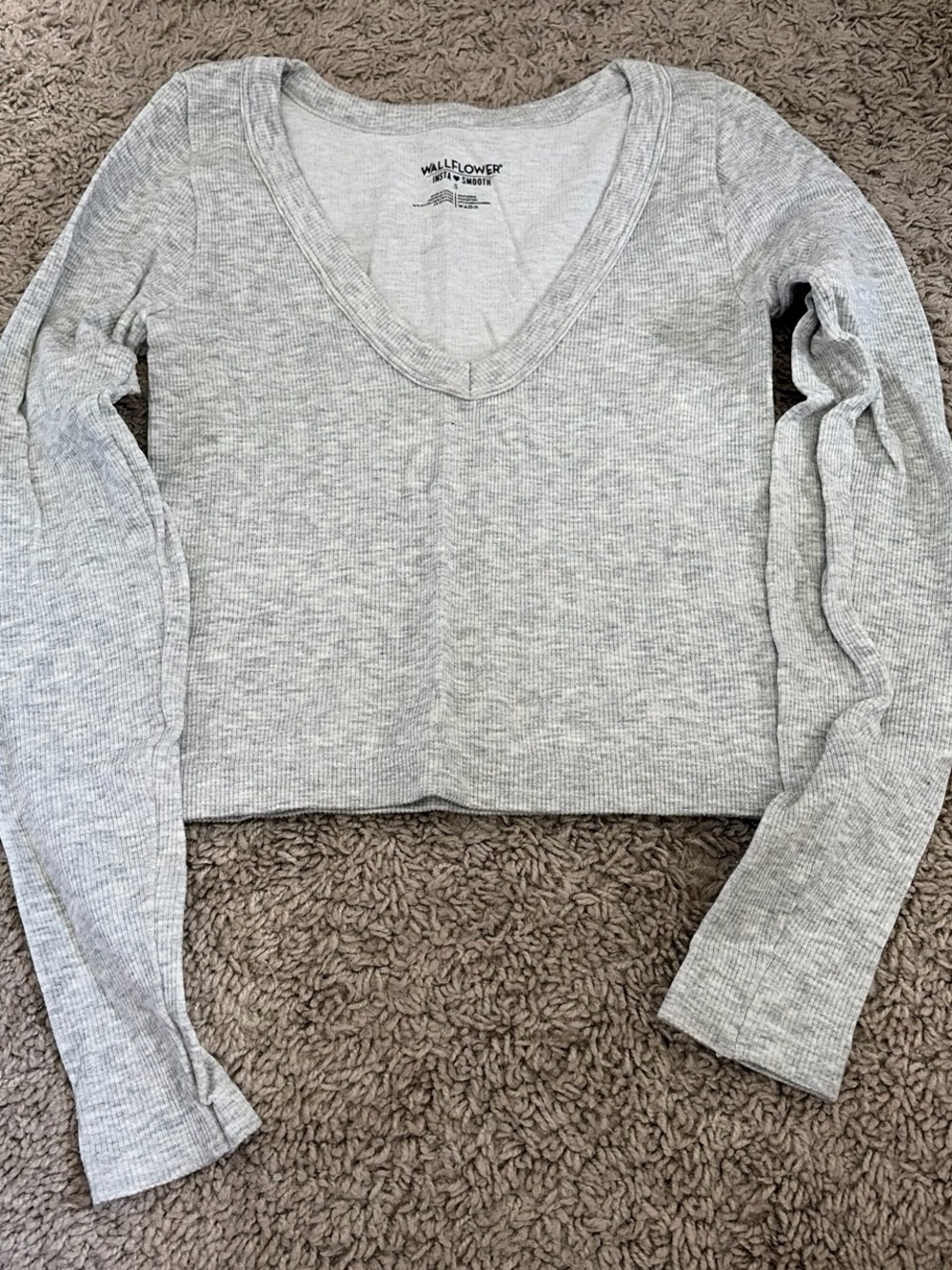 Wallflower Light Gray Ribbed V-Neck Cropped Long Sleeve Top